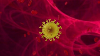 Representation of atypical pneumonia virus division. Yellow spherical virus against backdrop of red body tissues. Ideal for studying atypical pneumonia and understanding its mechanisms. - Powered by Adobe