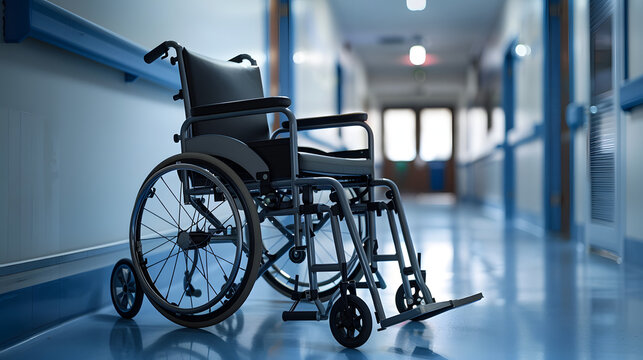 Unoccupied Black Wheelchair Positioned in a Bright Hospital Hallway