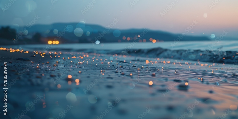 Poster a blurry photo of a beach at night. suitable for various design projects
