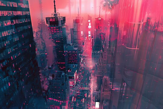 Craft a digital artwork using glitch art techniques to depict a birds-eye view of a vibrant cityscape, merging organic forms with technological glitches Experiment with pixelation and distortion to cr