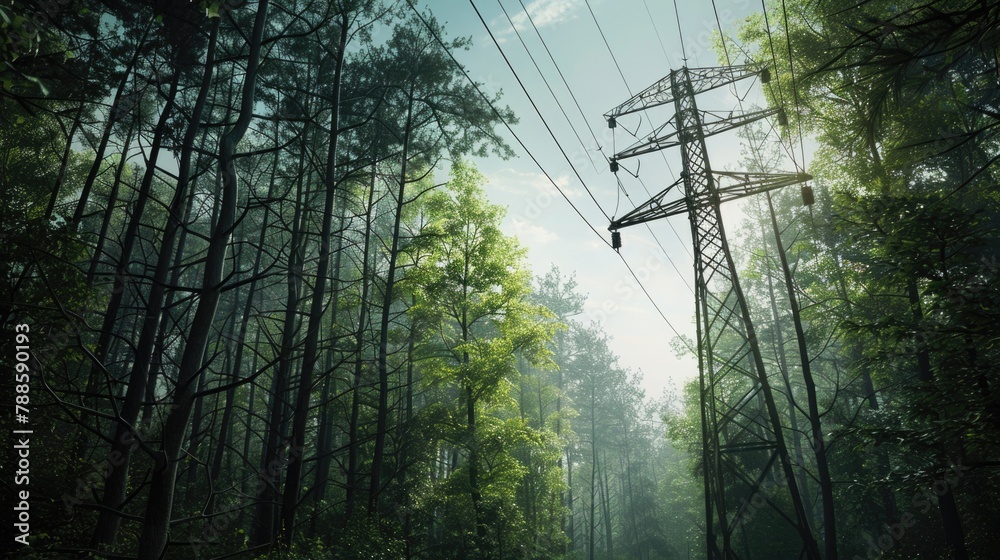 Poster A power line running through a dense forest, suitable for technology or environmental concepts