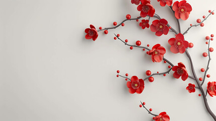 Delicate red cherry blossoms adorn the branches of a tree against a solid white background.