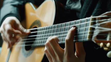 Fototapeta premium Close up of a person playing a guitar, perfect for music-related designs