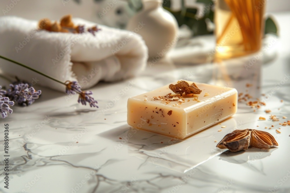 Poster a simple soap bar on a counter. suitable for hygiene or bathroom concepts
