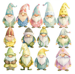 Gnomes cute character watercolor clipart set. Adorable swedish gnomes