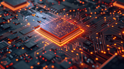 Advanced technology concept visualization, a circuit board CPU processor microchip initiates the artificial intelligence digitalization of neural networking and cloud computing. - obrazy, fototapety, plakaty