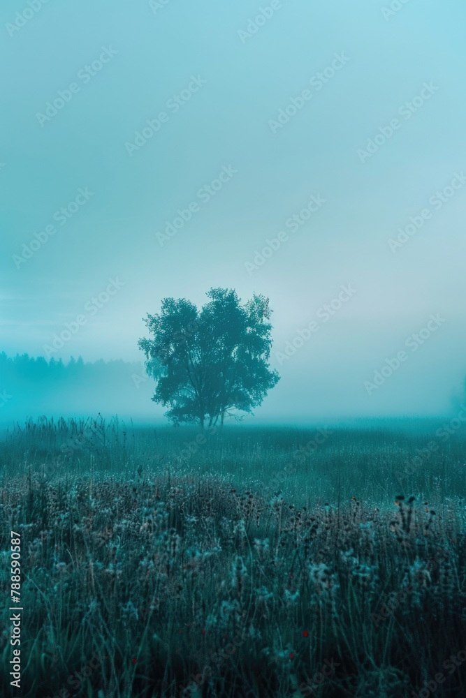 Poster a solitary tree standing in a field of tall grass. suitable for nature and landscape themes