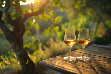 Two glasses of French pastis drink on a table outdoors in a garden in Provence on a sunny summer day - obrazy, fototapety, plakaty
