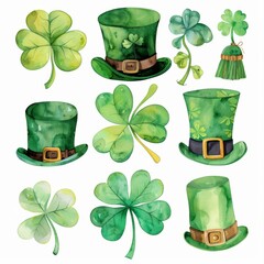 Watercolor of St Patrick's Day, clipart set clover leaf and leprechaun hat on white background for event artwork