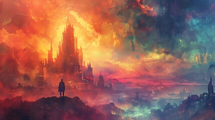 Craft a captivating long shot of an ethereal, minimalist, fantasy cityscape under a vibrant, otherworldly sky, rendered in vivid watercolors