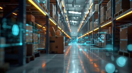 Technology retail warehouse, the process of Industry 4.0 involves digitalization and visualization, cardboard boxes, and product delivery infographics within the logistics and distribution center.