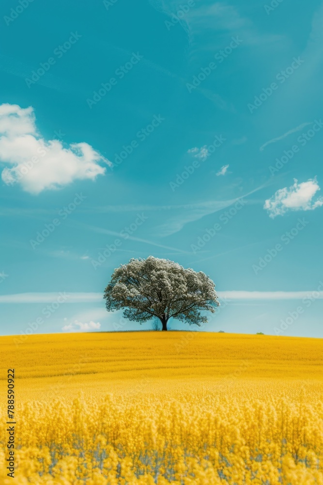 Poster a single tree standing tall in a vibrant yellow flower field. ideal for nature and landscape concept