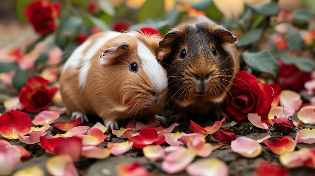 a pair of guinea pigs foraging under a rose bush in a family garden, their coats blending with the fallen petals