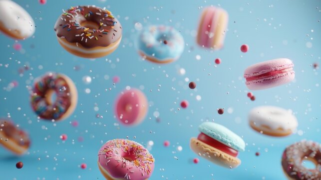 A unique image of doughnuts flying in the air. Ideal for food and bakery concepts