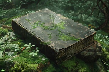 Capture the intricate details of a rugged, weathered survival guidebook amidst a lush forest setting, using dramatic lighting to enhance the textured cover design Traditional Art Medium, focused on re - obrazy, fototapety, plakaty