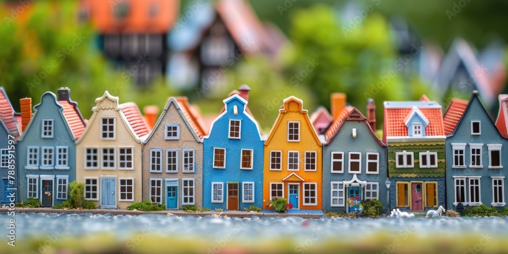 Poster miniature houses lined up on a city street, suitable for various design projects