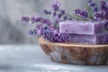 Wooden bowl with purple soap and lavender flowers, perfect for spa concept