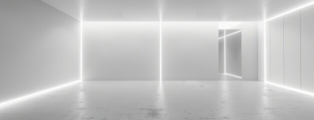 a clean white room illuminated by white neon lights, where every detail is captured in hyper-realistic clarity.