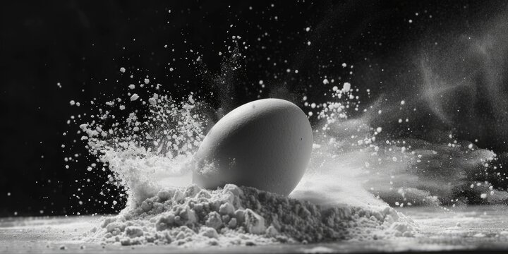 A close-up image of an egg being sprinkled with powder on a table. Suitable for food and cooking concepts
