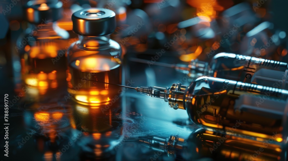 Poster Close up of a glass table with various bottles of liquid. Ideal for product display or laboratory concepts