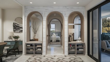 Luxury villa on the coast in the style of light-filled interiors, arched doorways. - obrazy, fototapety, plakaty