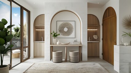 Luxury villa on the coast in the style of light-filled interiors, arched doorways.