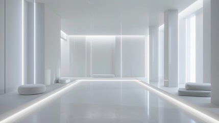 a clean white room illuminated by white neon lights, where every detail is captured in hyper-realistic clarity.