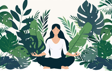 Woman meditating in lotus position surrounded by green plants and flowers, flat design illustration with simple shapes, vector graphic on white background