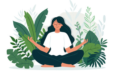 Woman meditating in lotus position surrounded by green plants and flowers, flat design illustration with simple shapes, vector graphic on white background