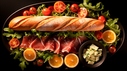 Fresh Baguette Gourmet with Prosciutto and Organic Veggies. Culinary Art, Delicious Treat.