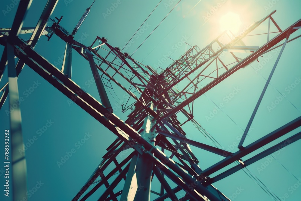 Poster a high voltage tower with the sun in the background. suitable for energy or technology concepts