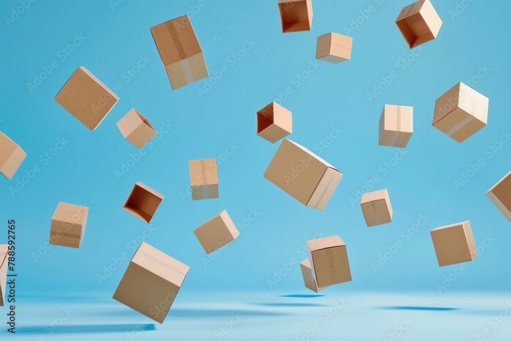 Poster a bunch of brown boxes floating in the air. suitable for packaging and shipping concepts