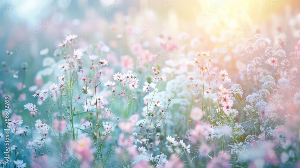 Wall mural Beautiful field of white and pink flowers with the sun shining in the background. Perfect for spring and nature concepts