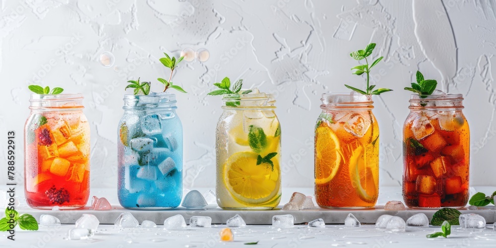 Poster Different types of drinks stored in jars. Suitable for beverage or glassware concepts