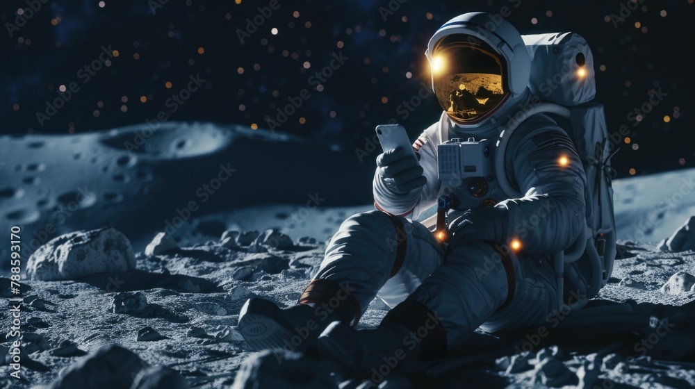 Poster an astronaut sitting on the moon with a cell phone. suitable for science fiction and technology conc