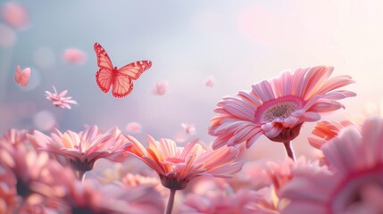 Beautiful pink flowers field with a butterfly, perfect for nature backgrounds