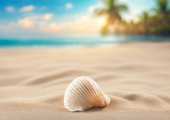 Fototapeta na wymiar Banner abstract sand beach with shell. blurred of tropical beach with palm tree calm sea and sky. summer vacation background concept 