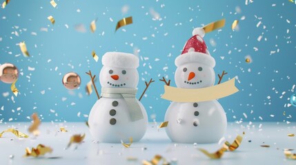 Fototapeta premium A cute image of two snowmen standing side by side. Perfect for winter-themed designs
