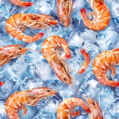 Fresh shrimp on a bed of ice, perfect for seafood market advertisement