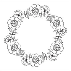 Floral wreath isolated on white background. Round frame with flowers. Vector hand-drawn illustration in doodle style. Perfect for cards, invitations, decorations, logo, various designs.