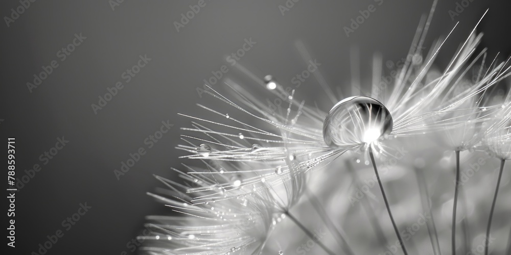 Poster close-up shot of a dandelion covered in water droplets. perfect for nature and macro photography pro