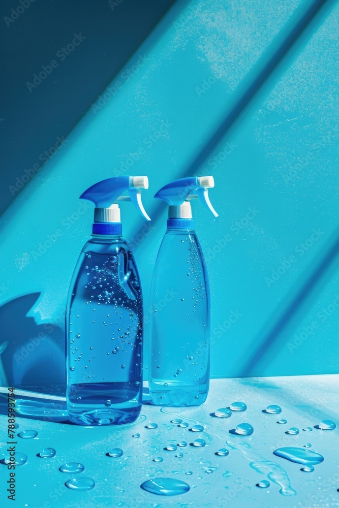Poster Two bottles of water on a table. Suitable for hydration or refreshment concepts