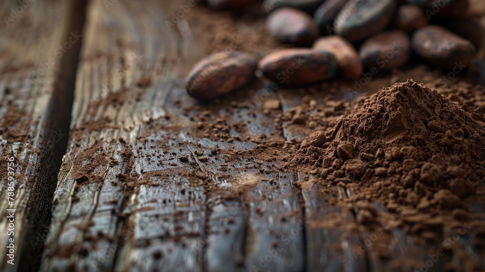 Poster A pile of cocoa beans on a rustic wooden table. Suitable for food and agriculture concepts