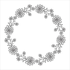 Floral wreath isolated on white background. Round frame with flowers. Vector hand-drawn illustration in doodle style. Perfect for cards, invitations, decorations, logo, various designs.