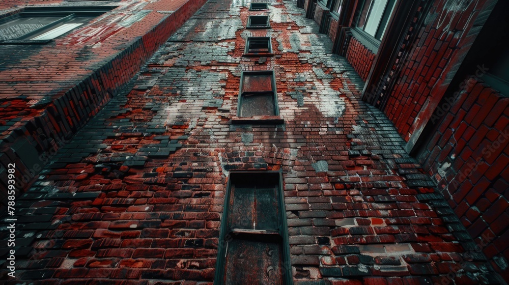 Poster a tall brick building with a window on the side. perfect for architectural designs