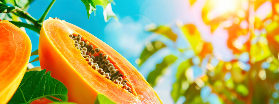 papaya on a background of palm trees and sky. selective focus.