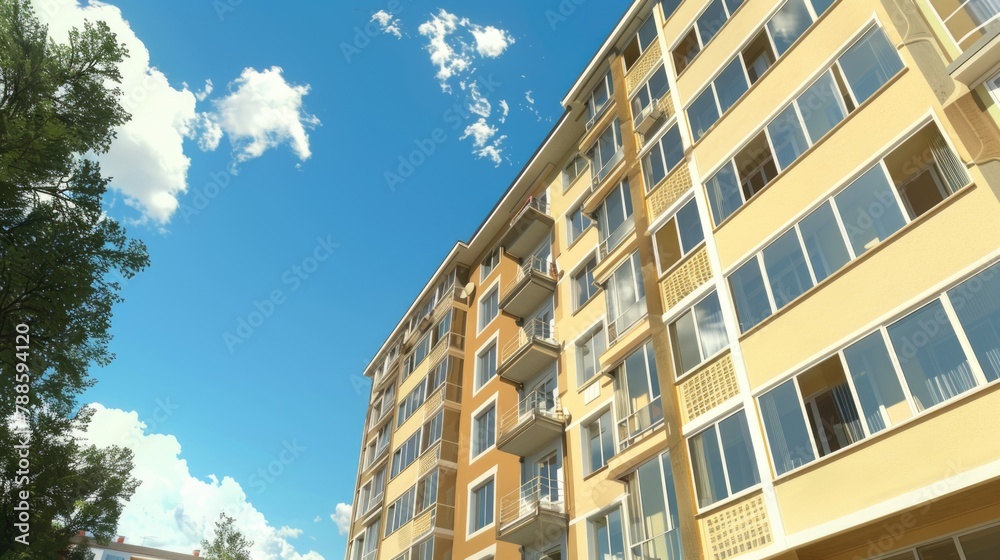 Poster a modern yellow building with numerous windows. ideal for architectural projects