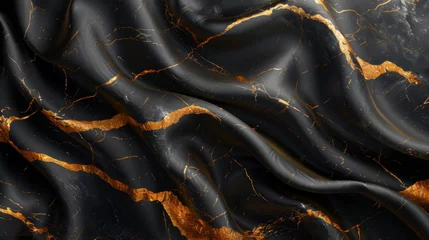 Fotobehang A bold marble backdrop in jet black, streaked with thick gold lines and contrasted with black silk © Dannchez