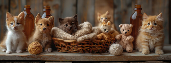 Basket full of pet toys, cats and dogs, on a wooden background with bottles of shampoo for pets. A cute cat is sitting in front of it looking at the camera, while other animals sit behind him - obrazy, fototapety, plakaty