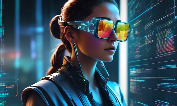 a female programmer analyzing data. futuristic painting as wallpaper